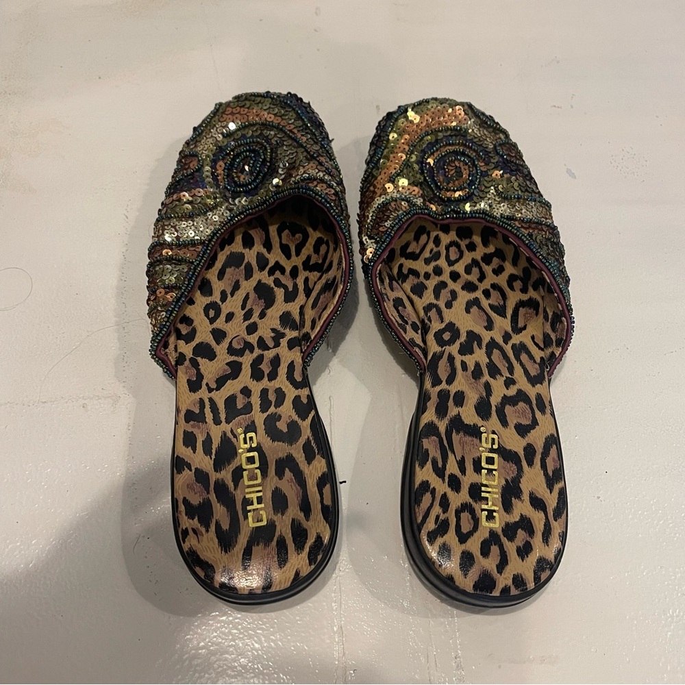 Chico’s Shoes Slides Leopard Print Sequin Beaded Loretta‎ SZ 9 GORGEOUS